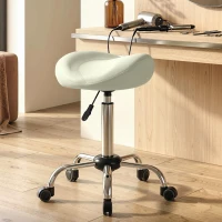 HOMCOM Sattelstuhl, höhenverstellbarer Rollstuhl mit PU-Leder für Massage, Spa, Klinik, Beauty und Tattoo, Cremeweiß(m-8)