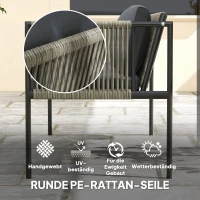 Outsunny 4-teiliges Gartenmöbel-Set, 1 Sofa, 2 Sessel, 1 Tisch mit Glasplatte, Kissen, Stahlrahmen, Kunststoff-Rattan, Grau(m-5)
