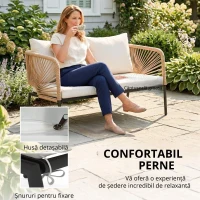 Outsunny Set mobilier de grădină, grup de șezut pentru 4 persoane, lounge cu sofă 2 locuri, 2 fotolii, masă cu lamele, împletitură tip sfoară, perne lavabile(m-5)