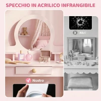 AIYAPLAY Set Toeletta Trucco Bambina con Sgabello, Specchio, Cassetto in Legno, Età 3-6 Anni, Rosa(m-4)