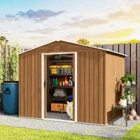 Outsunny Casetta da Giardino in Lamiera di Acciaio con Porte Scorrevoli, 236x174x190cm, Marrone(m-9)