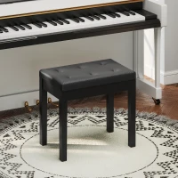 HOMCOM Banco de piano, revestimento em couro sintético, botões capitonê, compartimento de armazenamento, pés de madeira, Preto(m-2)