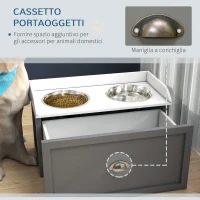 PawHut Ciotole per Cani Rialzate in Acciaio Inox e Legno con Cassetto, 60x30x36cm, Grigio(m-4)