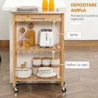 HOMCOM Cărucior de Bucătărie din Bambus, Insulă cu Blat din Oțel Inoxidabil, Sertar și Rafturi cu Lamele, Natural(m-4)
