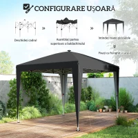 Outsunny Pavilion pliabil 3x3 m, înălțime reglabilă, cu lumină centrală și telecomandă, din metal și poliester, negru(m-6)