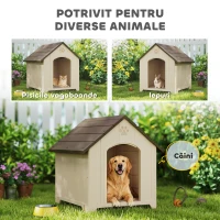 PawHut Căsuță pentru Câini de Exterior, Talie Medie și Mare, Căsuță din Plastic Impermeabilă cu Bază Ridicată, Ferestre și Acoperiș Înclinat pentru Grădină, Balcon, Terasă, 88x78x89 cm, Bej(m-8)