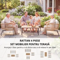 Outsunny Set mobilier de grădină, grup de șezut pentru 4 persoane, lounge cu sofă 2 locuri, 2 fotolii, masă cu lamele, împletitură tip sfoară, perne lavabile(m-7)