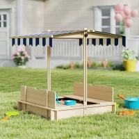 Outsunny Sabbiera per Bambini in Legno con Tettuccio Parasole, Panca e Coperchio, 106x106x115 cm Bianco e Blu(m-11)