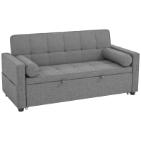 HOMCOM Sofá-Cama 2 Lugares 3 em 1 Deslizante em Tecido Linho com Encosto Ajustável Bolsos 2 Almofadas para Sala de Estar Cinza