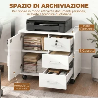 HOMCOM Schedario per Ufficio con 3 Cassetti e Armadietto con 3 Ripiani Regolabili, in Legno, 60x40x56 cm, Bianco(m-4)