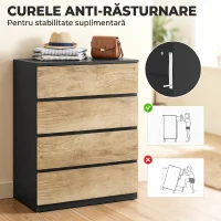 HOMCOM Comodă cu 4 Sertare din Lemn cu Șine Metalice și Mânere Frezate, 60x40x80 cm, Negru și Stejar(m-6)