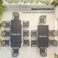 Outsunny Masă de Grădină Extensibilă 150/225x85x75 cm Masă de Luat Masa din Aluminiu cu Blat cu Șipcă pentru 6-8 Persoane Gri(m-6)