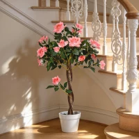 Outsunny Plantă Artificială de Trandafir cu 21 de Flori, cu Ghiveci din Ciment și Mușchi, Ø18x90 cm, Roz(m-10)