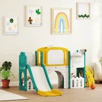AIYAPLAY 7-in-1 Rutschenset für Kleinkinder, Basketballkorb, Froschdesign, Klettergerüst, Schaukelsitz, für drinnen und draußen, Gelb+Grün(m-10)