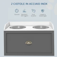PawHut Ciotole per Cani Rialzate in Acciaio Inox e Legno con Cassetto, 60x30x36cm, Grigio(m-5)