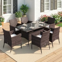 Outsunny 7 tlg. Polyrattan Gartenmöbel Rattan Gartenset Sitzgruppe Garnitur Essgruppe inkl. Kissen 6 Personen Braun+Creamweiß 150 x 80 x 74 cm(m-10)
