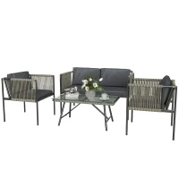Outsunny 4-teiliges Gartenmöbel-Set, 1 Sofa, 2 Sessel, 1 Tisch mit Glasplatte, Kissen, Stahlrahmen, Kunststoff-Rattan, Grau(m-11)