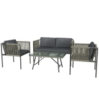 Outsunny 4-teiliges Gartenmöbel-Set, 1 Sofa, 2 Sessel, 1 Tisch mit Glasplatte, Kissen, Stahlrahmen, Kunststoff-Rattan, Grau(m-1)