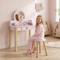 AIYAPLAY Set Toeletta Trucco Bambina con Sgabello, Specchio, Cassetto in Legno, Età 3-6 Anni, Rosa(m-8)