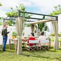 Outsunny Pergola de Jardin Tonnelle de Jardin Extérieur Toit Rétractable 4 Rideaux Protection UV30+3x3m Beige(m-15)