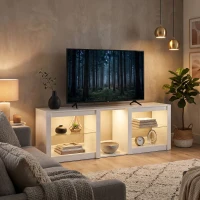 HOMCOM TV-Lowboard mit RGB-LED-Beleuchtung, Modernes TV-Möbel mit verstellbaren Glasböden, für Fernseher bis 75 Zoll, Weiß(m-2)
