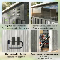 Outsunny Caseta de Jardín 195x122x181,5 cm con Puerta Corredera 2 Ventanas y Anti-UV para Almacenar Herramientas Gris Claro(m-7)