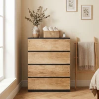 HOMCOM Comodă cu 4 Sertare din Lemn cu Șine Metalice și Mânere Frezate, 60x40x80 cm, Negru și Stejar(m-8)