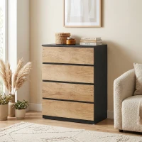 HOMCOM Cassettiera 4 Cassetti in Legno con Guide in Metallo e Maniglie Scanalate, 60x40x80 cm, Nero e Rovere(m-7)
