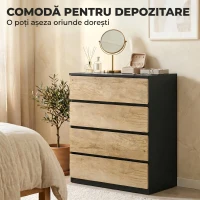 HOMCOM Comodă cu 4 Sertare din Lemn cu Șine Metalice și Mânere Frezate, 60x40x80 cm, Negru și Stejar(m-4)