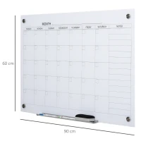 Vinsetto kalenderbord glasplaat met 4 glasclip markers gum aluminium pennenhouder magneetbord voor maandplanning magnetische weekplanner planbord wit 90 x 60 x 0,2 cm(m-3)