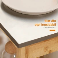 HOMCOM Cărucior de Bucătărie din Bambus, Insulă cu Blat din Oțel Inoxidabil, Sertar și Rafturi cu Lamele, Natural(m-6)