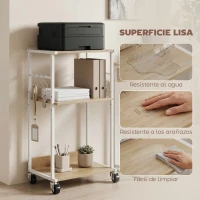 HOMCOM Soporte para Impresora de 3 Niveles con Ruedas Mueble para Impresora con Ganchos y Marco Metálico Madera Natural(m-6)