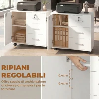HOMCOM Schedario per Ufficio con 3 Cassetti e Armadietto con 3 Ripiani Regolabili, in Legno, 60x40x56 cm, Bianco(m-6)