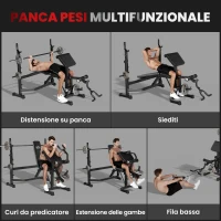 HOMCOM Panca Multifunzione Regolabile con Rack Bilanciere, in Acciaio e PU, 73.5x55x46-53.5 cm, Grigio e Nero(m-4)