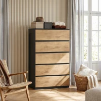 HOMCOM Comodă cu 5 Sertare din Lemn, cu Șine Metalice și Mânere Decupate, 60x39x100 cm(m-10)
