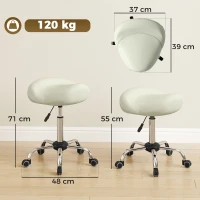 HOMCOM Sattelstuhl, höhenverstellbarer Rollstuhl mit PU-Leder für Massage, Spa, Klinik, Beauty und Tattoo, Cremeweiß(m-3)