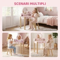 AIYAPLAY Set Toeletta Trucco Bambina con Sgabello, Specchio, Cassetto in Legno, Età 3-6 Anni, Rosa(m-7)