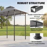 Outsunny Grillpavillon Gartenzelt Grill Pavillon Balkonpavillon mit Ablagen Flammhemmendes Doppeldach Grau 245 x 148 x 252 cm(m-7)