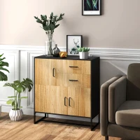 HOMCOM Moderne Kommode mit 3 Schränken und 2 Schubladen, aus Spanplatte und Stahl, 80x35x88 cm, Schwarz und Holzoptik(m-2)