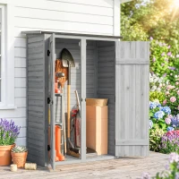 Outsunny Caseta de Jardín de Madera 115x53x156 cm Armario para Herramientas con Puertas Dobles y Estantes Techo Inclinado Gris(m-10)