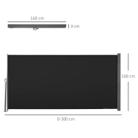 Outsunny Seitlicher Sichtschutz-Rollo, einziehbarer Paravent 3 x 1,6 m, Metall, wasserdichtes Polyester, UV-beständig, Hochdichte 180 g/m², Schwarz(m-3)