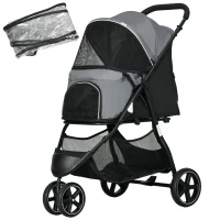 PawHut Carrinho para cães Carrinho para animais, dobrável, capa de chuva, 2 trelas de segurança, 83cm x 55cm x 101cm, Cinza + Preto(m-1)