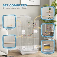 PawHut Gabbia per Uccelli, Voliera con Maniglia e Porte, Gabbietta con Altalena, Ciotole e Giochi, 46x36x100 cm, Bianco(m-4)