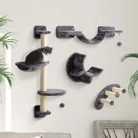 PawHut Parede de Escalada para Gatos 4 peças - Conjunto de Escalada com Rede, Ponte para Gato até 5 kg, Cinza Escuro(m-2)