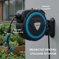 Outsunny Derulator Furtun Udare Montat pe Perete 14+1,5 m cu Blocare și Adaptoare, Rotativ 180°, 12 Moduri, 49x15x37cm, Albastru(m-5)