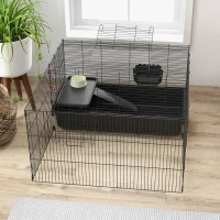 PawHut Gaiola para pequenos animais com cercadinho removível, parque com estábulo, incl. acessórios, preto(m-5)