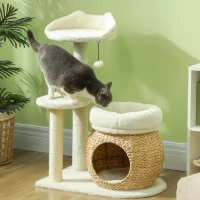 PawHut Arranhador com Casinha para Gatos Bola de Brincar e Plataforma Caniço e Sisal até 10 kg 60x40x79 cm Creme(m-5)