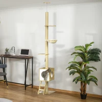 PawHut Árvore de arranhar, até ao teto, casinha para gatos, duas plataformas, rede, proteção anti-tombamento, castanho claro+bege, 40 x 40 x 260 cm(m-2)