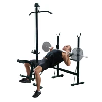 HOMCOM Multifunktionsbank Fitnessstation mit 3-fach verstellbarer Rückenlehne, Beinstütze und oberer Stange, 175x110x202cm, Schwarz(m-2)