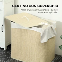 HOMCOM Cesto Portabiancheria in Bambù con Coperchio, 144L, 3 Scomparti, Sacca Removibile e Lavabile, Maniglie, Crema(m-5)